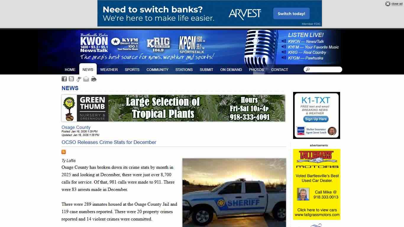 Bartlesville Radio » News » OCSO Releases Crime Stats for December