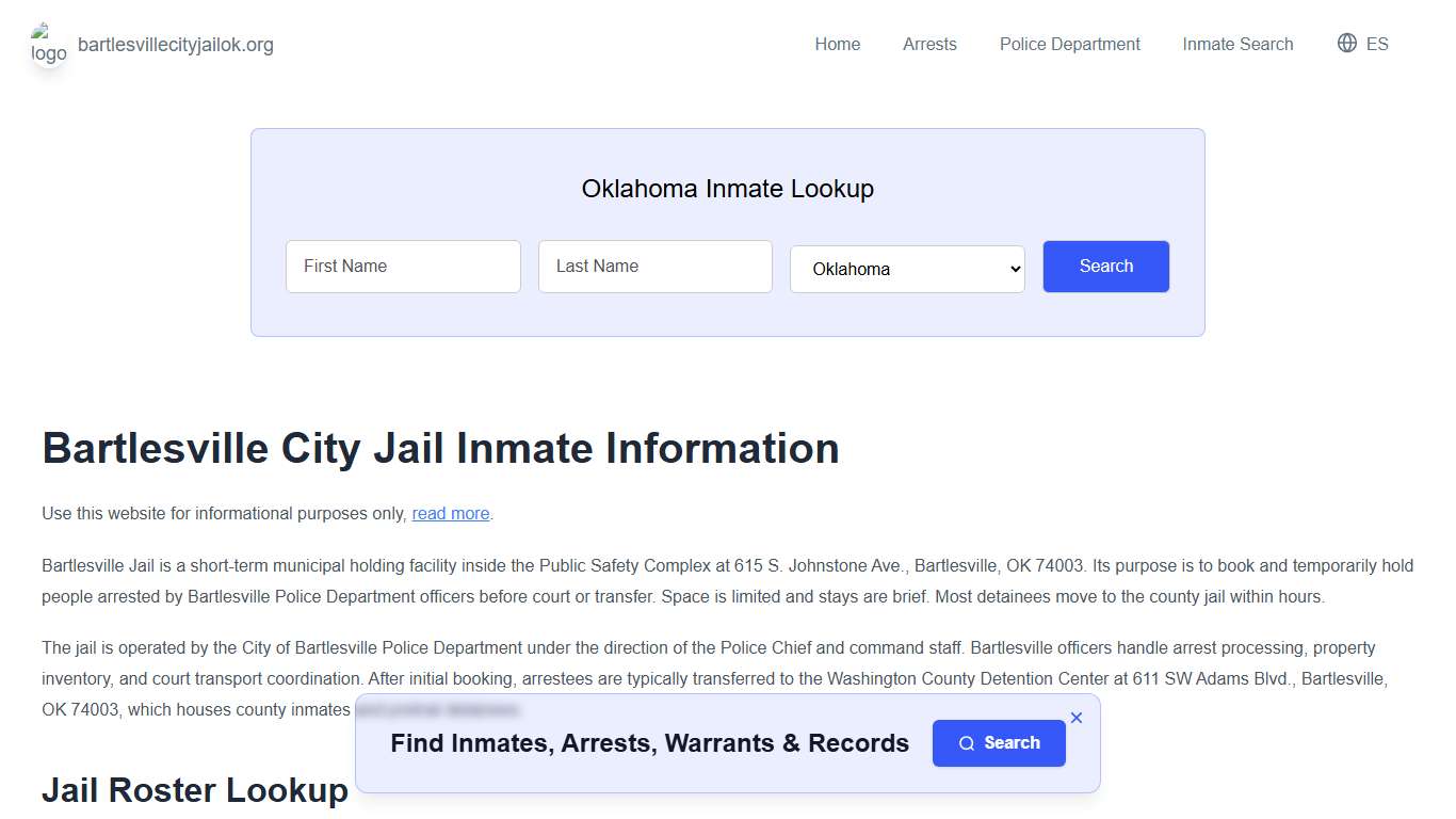 Bartlesville Jail, OK Inmate Roster, Municipal Jail Info