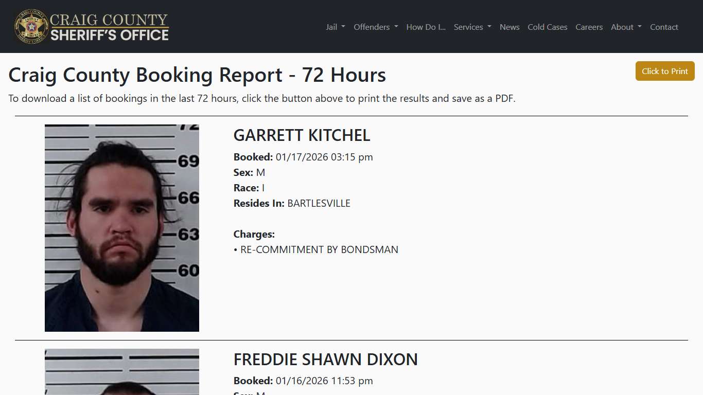 72 Hour Booking Report | Craig County Sheriff's Office